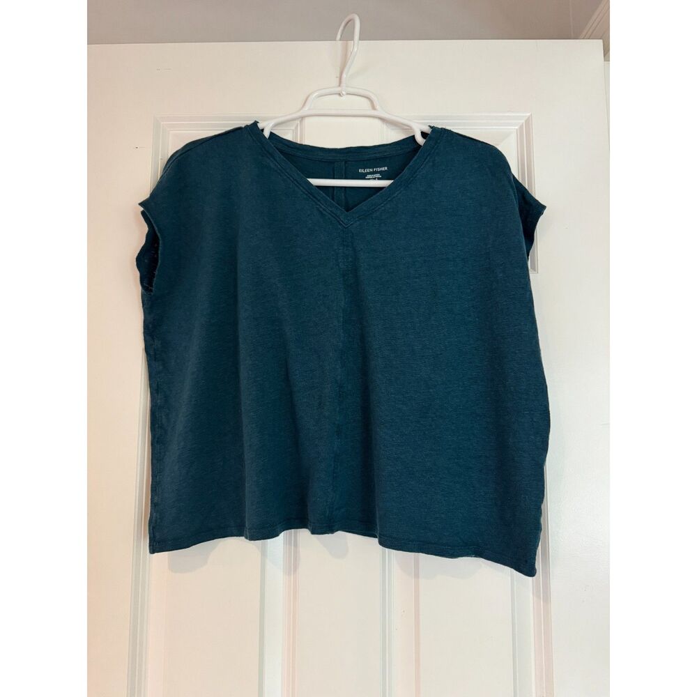 Women's EILEEN FISHER Bat Sleeve V-Neck Organic Linen Tank in Dark Teal, Size S